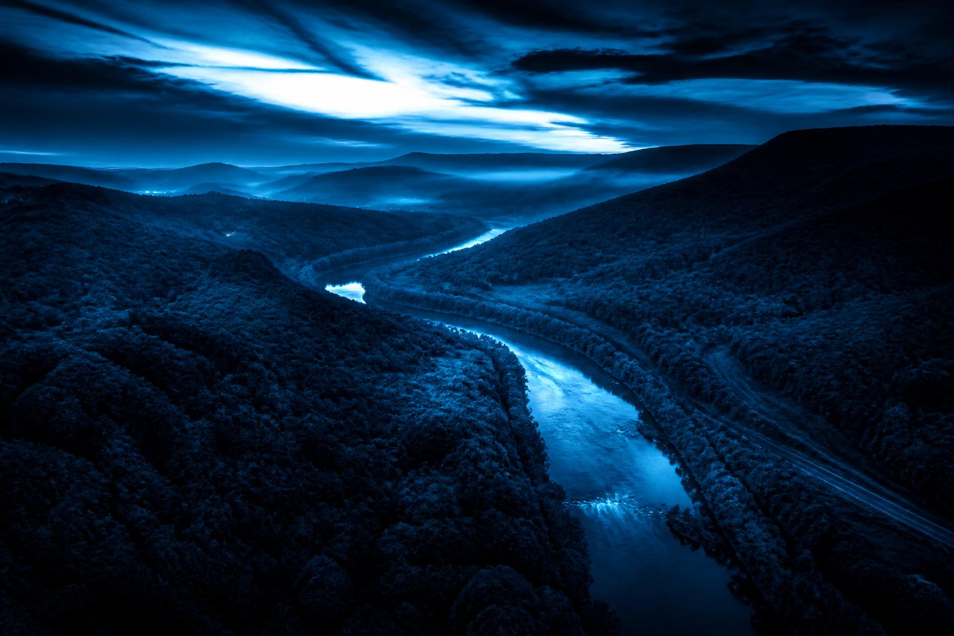 Aerial view of the New River Valley mountains at dusk